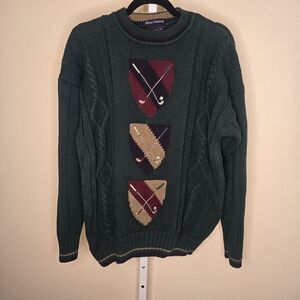 VTG GANT Size Large Hand Intarsia Green Knit Golf Sweater Golf Clubs